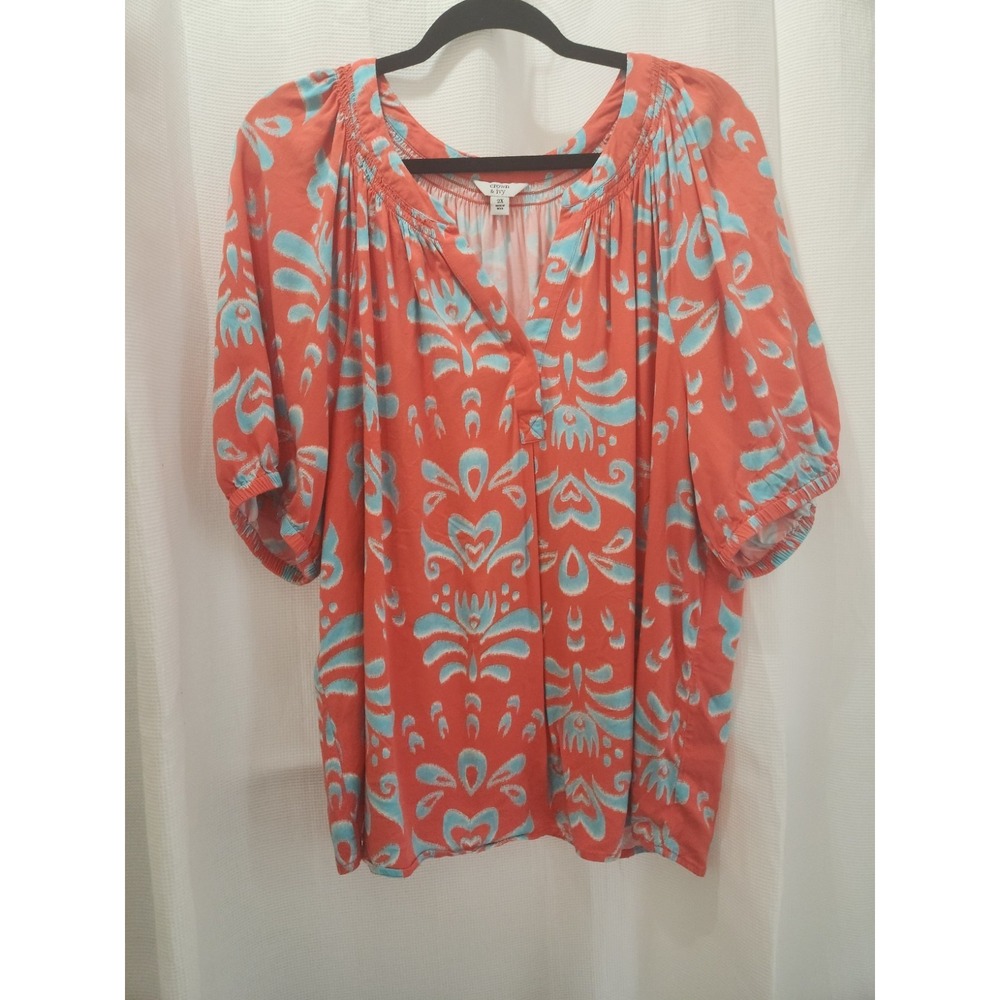 Crown‎ & Ivy Women's Multi-Color Short Sleeve Pullover Top Split Neck Size 2X